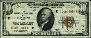 FR.  1860 D $10 1929 Federal Reserve Bank Note Cleveland D - A Block VF 2