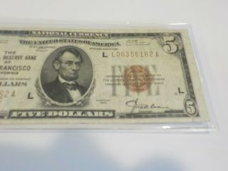 1929 $5.  00 Federal Reserve Bank Note Very Fine Shape