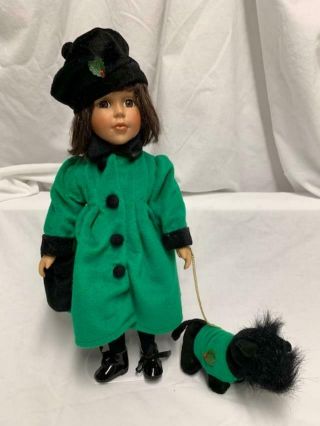 Avon 2000 Christmas Winter Porcelain Doll - Green Coat And Hat - With Dog