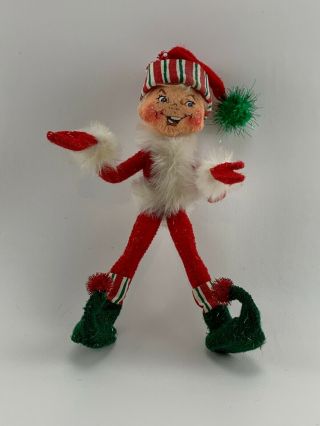 Annalee 2005 Red Christmas Candy Cane Elf 9” Tall Open Mouth Pom Pom Green Shoes