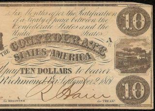 1861 $10 Dollar Confederate States Currency Civil War Note Old Paper Money T28