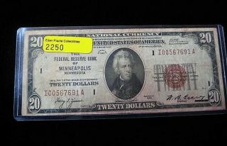 1929 $20 Dollar National Currency F,  Minneapolis (i - 9) No Pinhole/tear Epc 2250