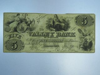 1855 $5 The Valley Bank Of Maryland Obsolete Currency Cu032/re