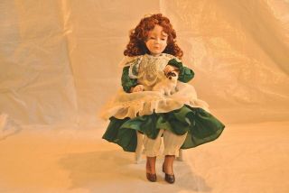 Seated Porcelain Auburn Haired Doll & Cat In White Washed Carved Wood Chair Ooak