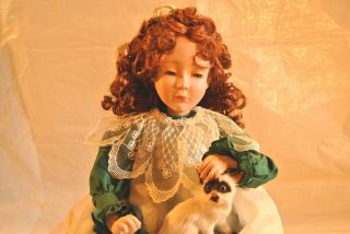Seated Porcelain Auburn Haired Doll & Cat in White Washed Carved Wood Chair OOAK 2
