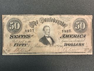 1864 $50 Fifty Dollars Csa Confederate States Of America Note 2 Series Vf