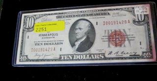 1929 $10 Dollar National Currency Xf Minneapolis (i - 9) No Pinhole/tear Epc 2251
