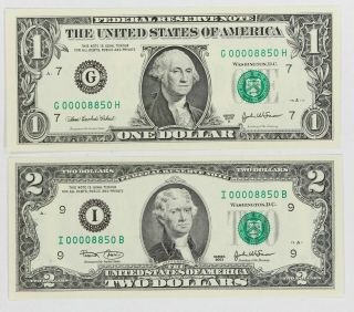 2 Notes - Series 2003 - A Frn $1 & 2003 Frn $2 Gem Unc - Matching Serial Numbers