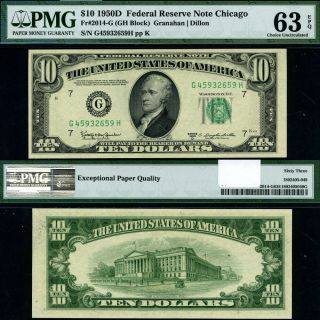 Fr.  2014 G $10 1950 - D Federal Reserve Note Chicago G - H Block Choice Pmg Cu63 Epq