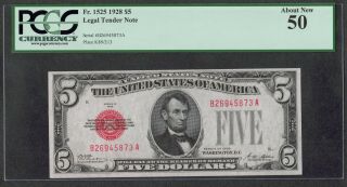 1928 $5 Legal Tender Note Pcgs About 50 Bold Red Seal Fr.  1525
