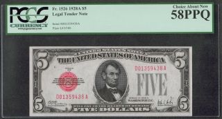 1928a $5 Legal Tender Note Pcgs 58ppq Fr.  1526 Bold Red Seal Note