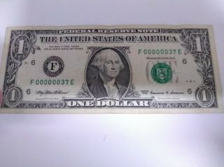 1999 $1 Frn Low 2 Digit Note F 00000037e Circulated