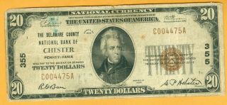 1929 National Bank Note Ch 355 Delaware County National Bank Chester,  Pa $20