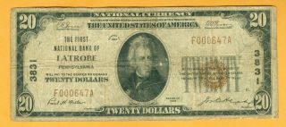 1929 National Bank Note Ch 3831 First National Bank Latrobe,  Pa $20 Type 1