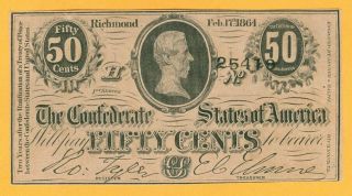 50 Cents 1864 Half Dollar Csa Confederate Currency Note Civil War Bill 50 Cents