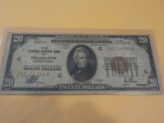 1929 $20.  00 Fedreral Reserve Bank Note Of Philadelphia