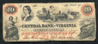 1860 $20 The Central Bank Of Virginia Stanton,  Va Obsolete Banknote
