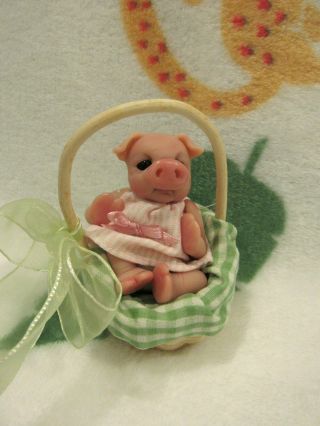 Ooak Polymer Clay Pig In A Basket
