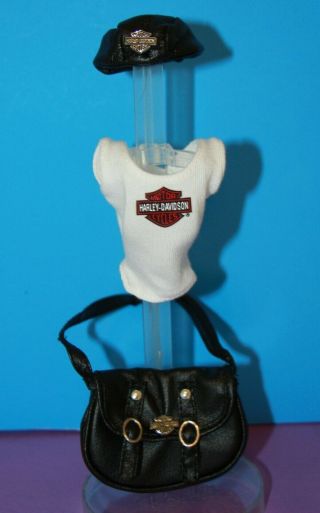 Barbie Harley Davidson T - Shirt & Black " Leather " Cap W/ Logo Hat & Purse Handbag