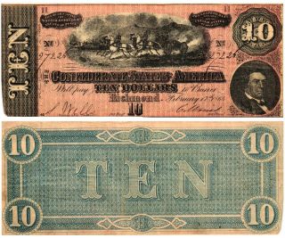1864 $10 U.  S.  Civil War Confederate Currency Horses Pulling Cannon T - 68 Circ