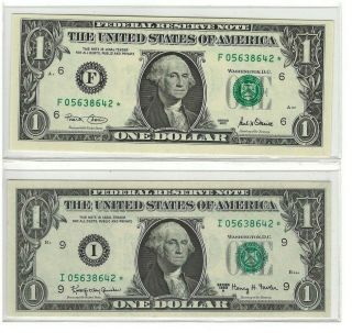 $1 1963a & 2001 (2) Matching Federal Reserve Star Notes