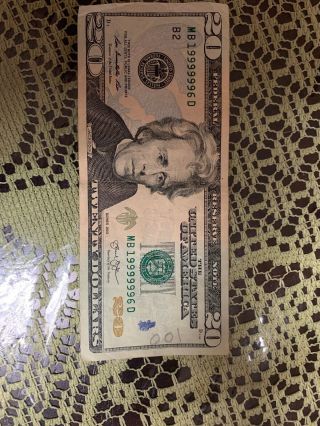 Wow One Of A Kind Leder Fancy Serial Number 2013 $20 Dollar Note Mb 19999996