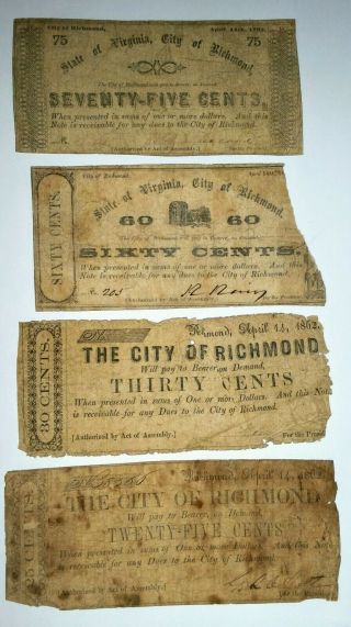 Set Of Four 1862 City Of Richmond Virginia Fractional Notes