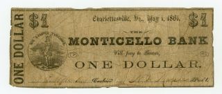 1861 $1 The Monticello Bank - Charlottesville,  Virginia Note Civil War Era