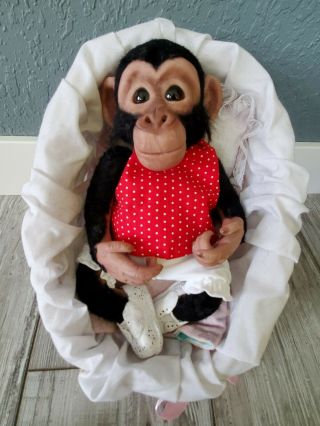 Adorable Polymer Clay Monkey Baby Doll - 10 1/2 " - W/ Outfit & Bed Nr