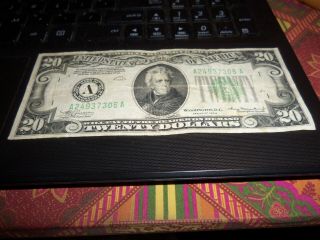 1934 - A $20 Twenty Dollars Green Seal Federal Reserve Note Boston,  Ma Look