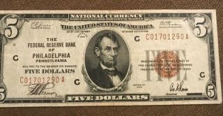 1929 $5 Philadelphia Federal Reserve Bank Note,  Vf