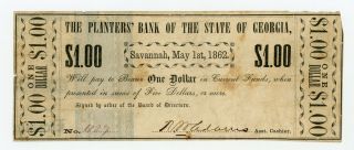 1862 $1 The Planters Bank Of The State Of Georgia Note - Civil War Era