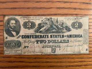 1862 T 42 $2 Confederate Currency,  Neat,  Historical