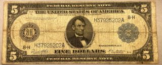 1914 $5 Federal Reserve Note - Blue Seal - Horse Blanket - Shape