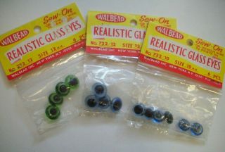 3 Vintage Sew On Realistic Button Glass Eyes 10mm Blue 12 Mm Blue Green