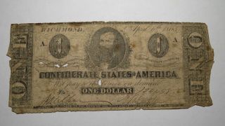 $1 1863 Richmond Virginia Va Confederate Currency Bank Note Bill Civil War T62