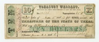 1864 Cr.  20 $10 Texas Treasury Warrant - Civil War Era