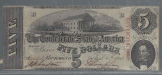 T - 69 1863 Confederate States Of America $5 Dollar Banknote