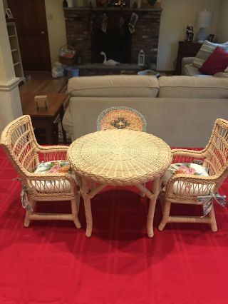 American Girl Doll Pleasant Company Wicker Table,  3 Chairs,  2 With Cushion Set