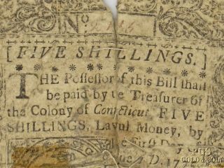 1773 Colony Of Connecticut 5 Shillings Currency Note Colonial 16327