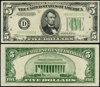 Fr.  1958 D $5 1934 - B Federal Reserve Note Non - Mule Cleveland D - A Block Au