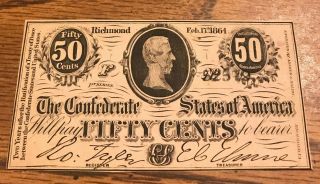 50 Cents 1864 Cu Half Dollar Csa Confederate Currency Note Civil War Bill Money