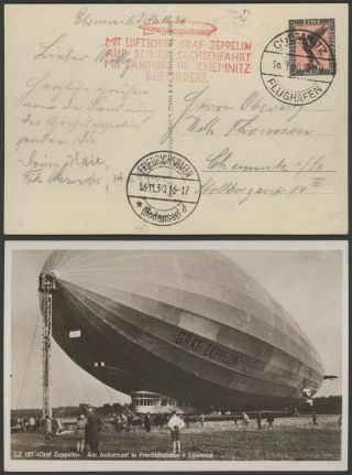 Germany 1930 - Zeppelin Flight Air Mail Postcard Chemnitz 30566/3