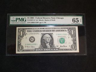 2001 One Dollar Federal Reserve Star Note Pmg Gem Unc 65 Epq Chicago $1 Bill
