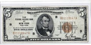 1929 $5 York Ny Federal Reserve Bank Note Brown National Currency