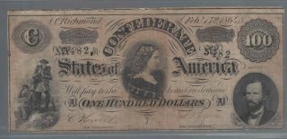 1864 $100 One Hundred Dollars Csa Confederate States Of America Currency Note
