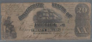 1861 Confederate States Of America $20 Dollar Bill Richmond Va.
