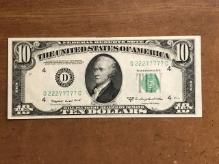 U.  S.  1950c $10 Federal Reserve Note With Binary Serial Number - Look 1 Of 2