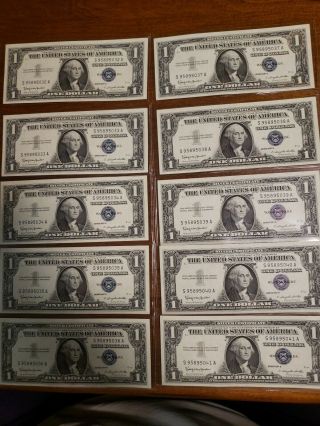1957 - B Uncirculated Silver Certificates 10 Consecutively Number Notes X - A Block