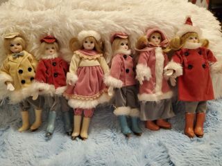 Vintage Set Of (6) 8 " Bisque Porcelain Girl Ice Skating Doll Ornaments